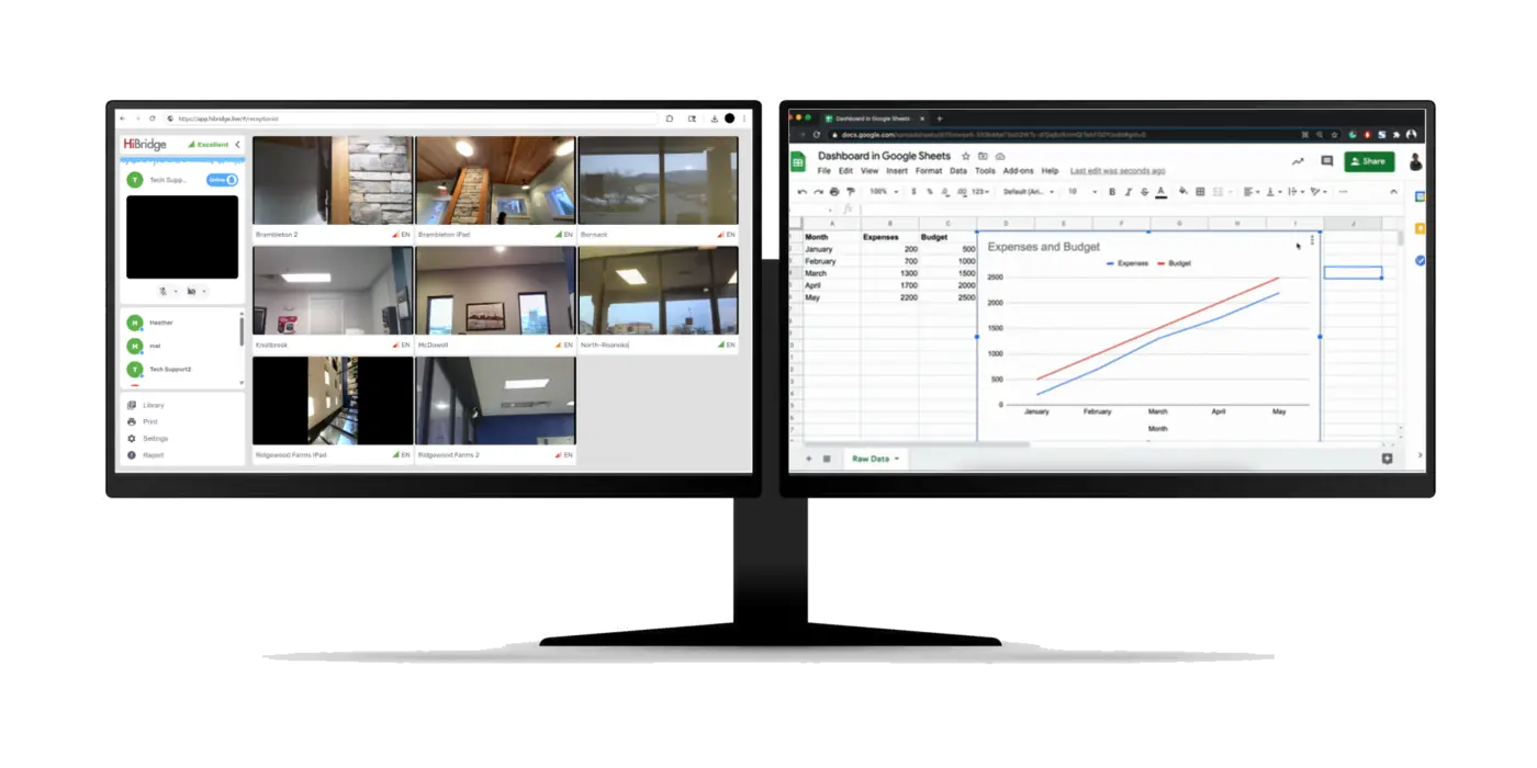 Two monitors at the reception desk - HiBridge on the left, admin software on the right