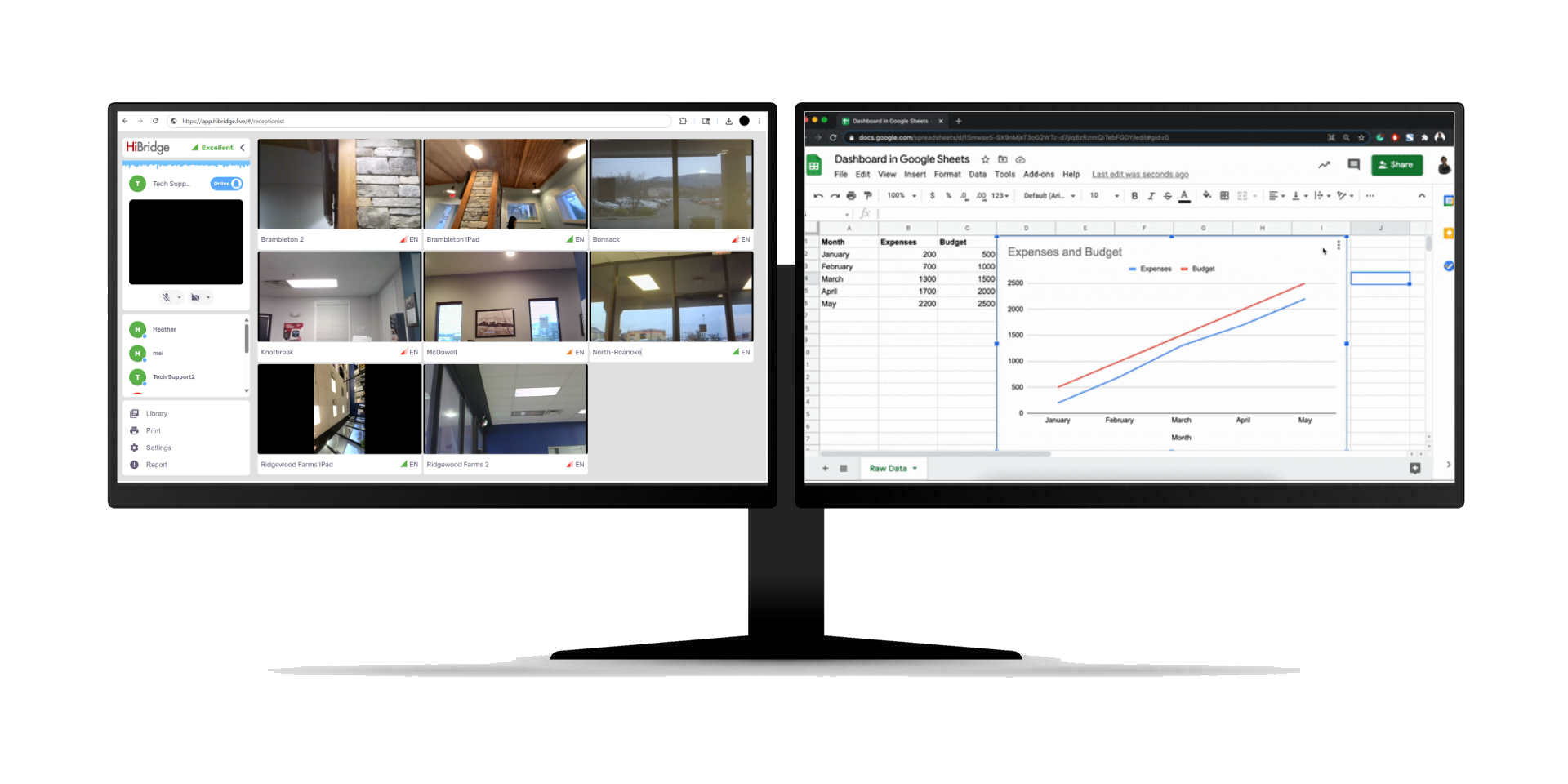 Two monitors at the reception desk - HiBridge on the left, admin software on the right
