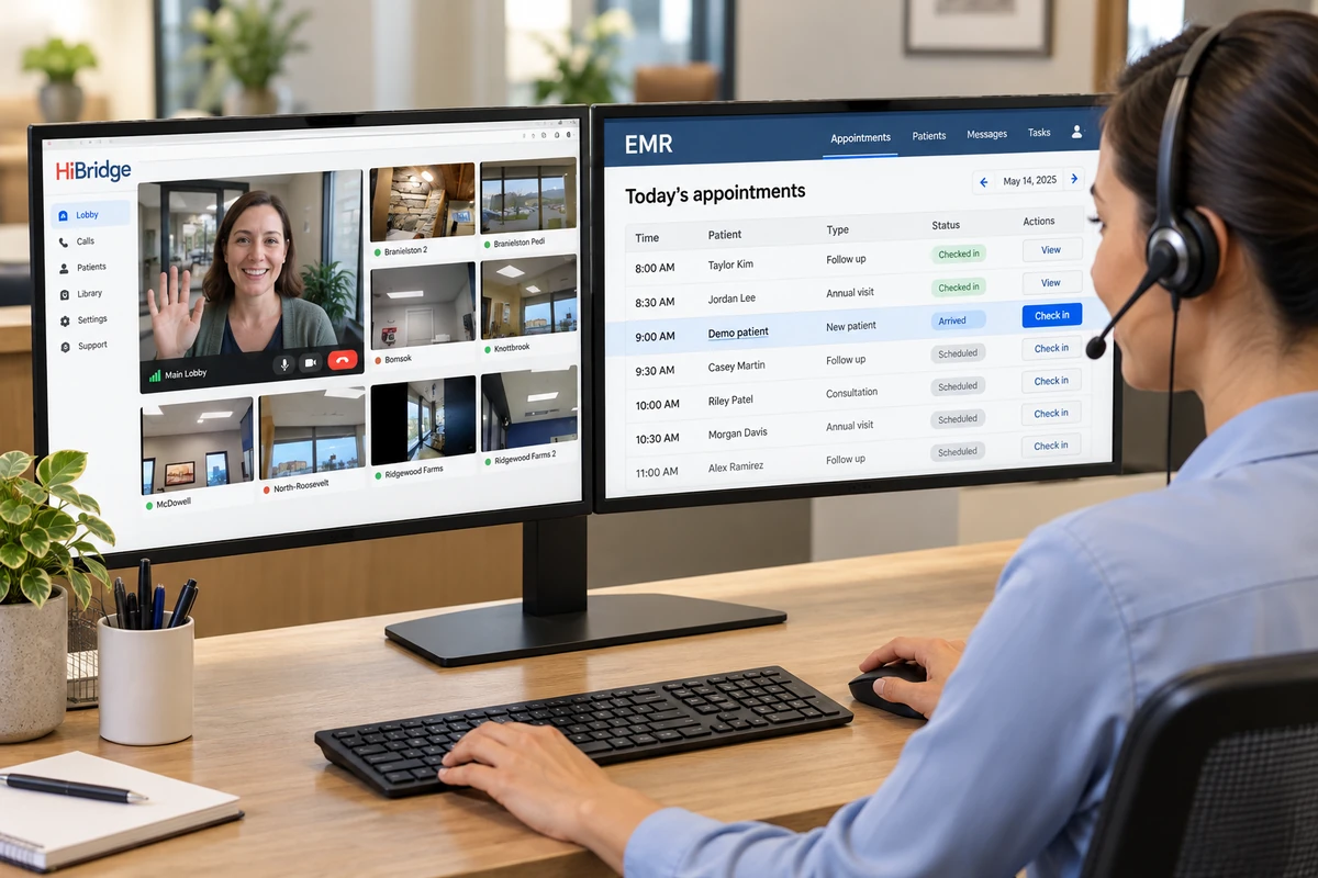 Receptionist working with HiBridge and a generic EMR on two monitors.