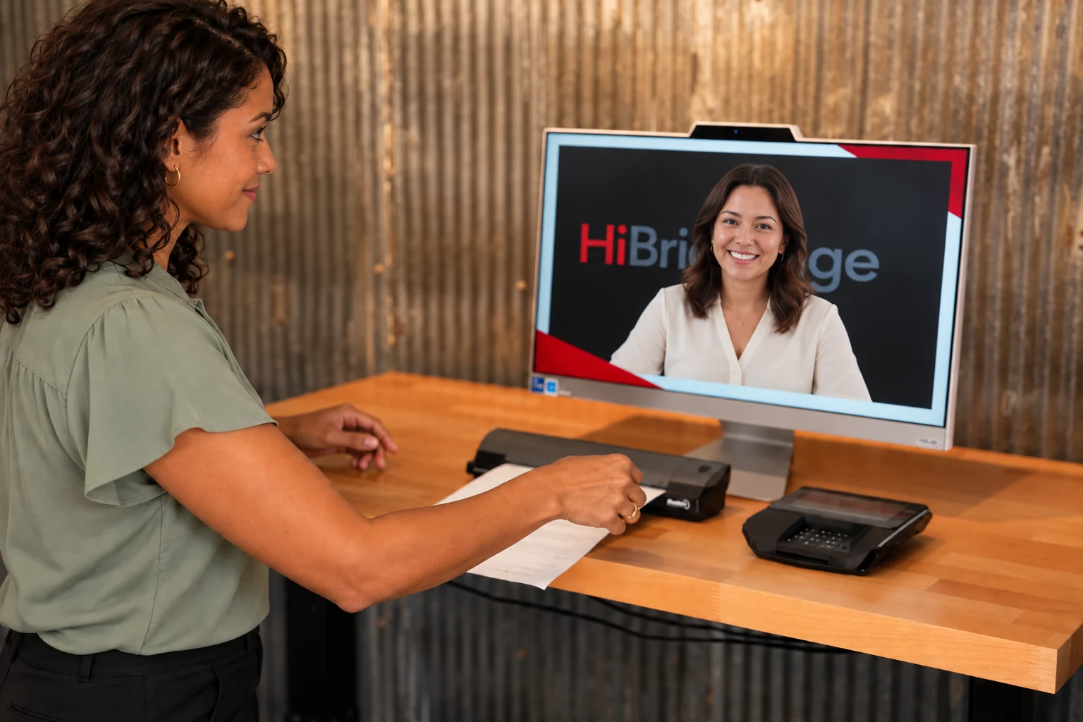 Illustration of a patient scanning a document while speaking with a live receptionist on a HiBridge kiosk.