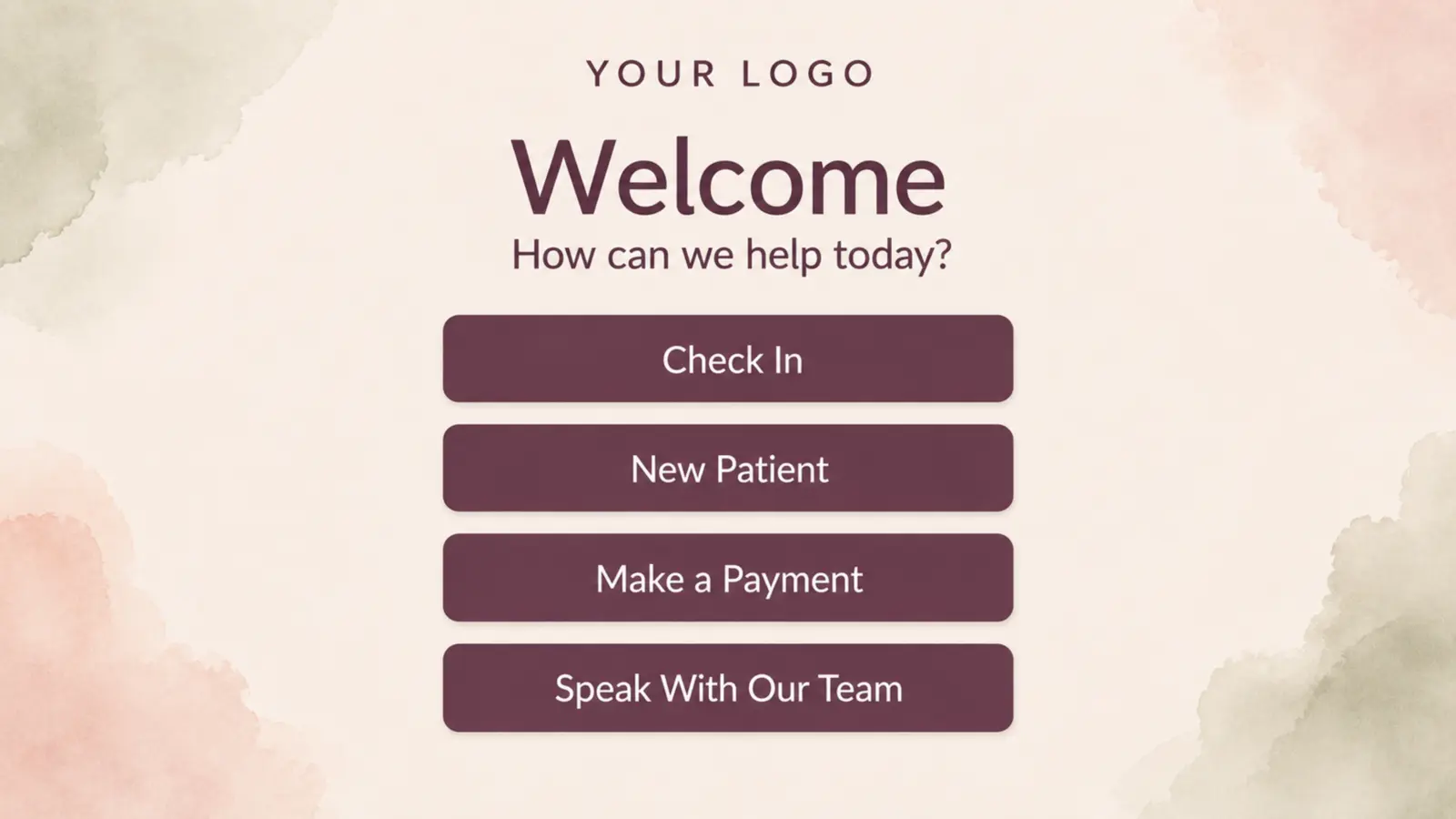 Centered healthcare kiosk welcome screen with check-in, new patient, payment, and team assistance buttons