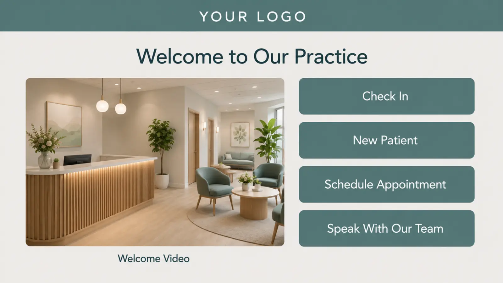 Healthcare kiosk screen with a welcome video area and check-in action buttons