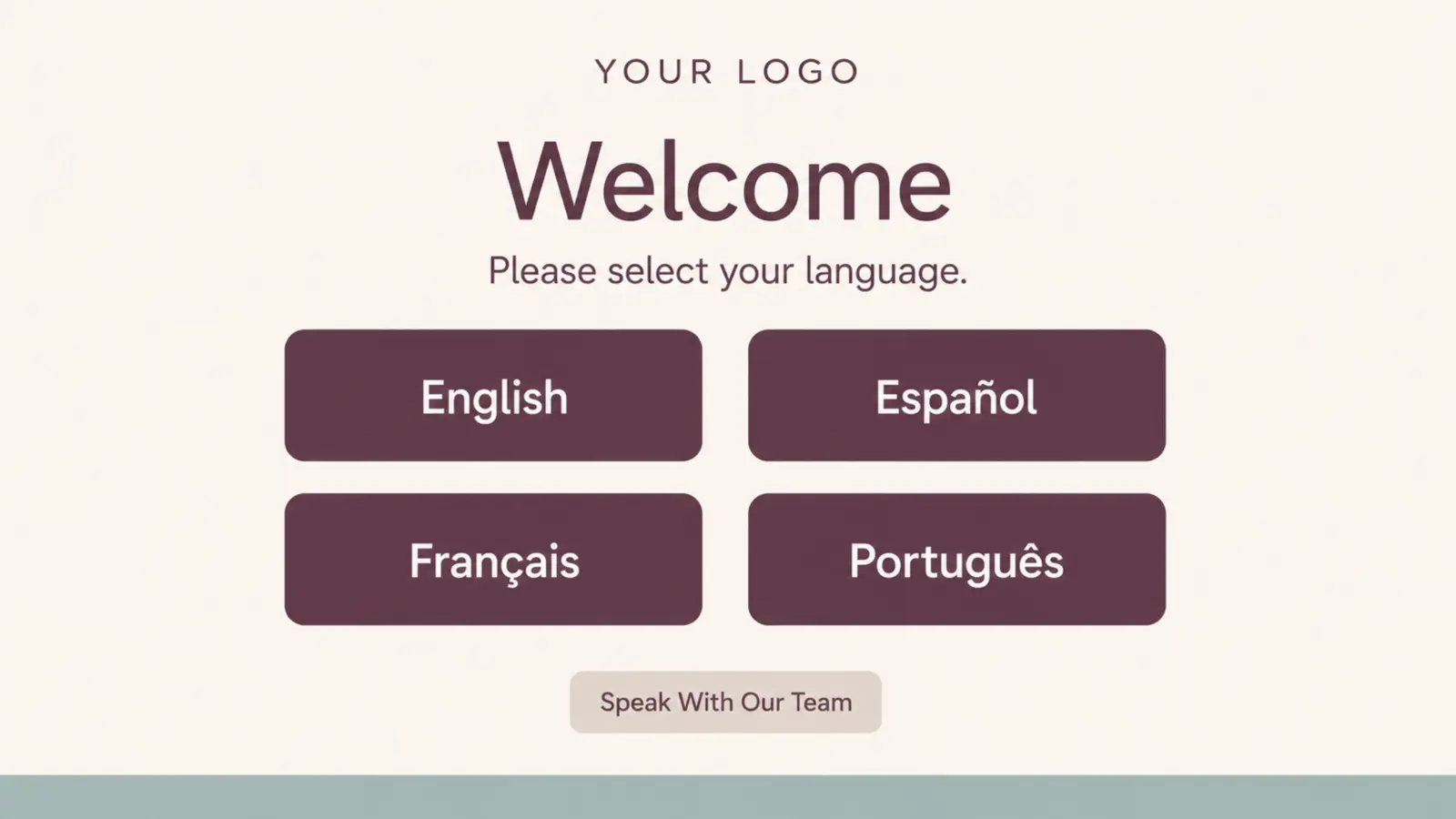 Multilingual healthcare kiosk welcome screen with four language buttons