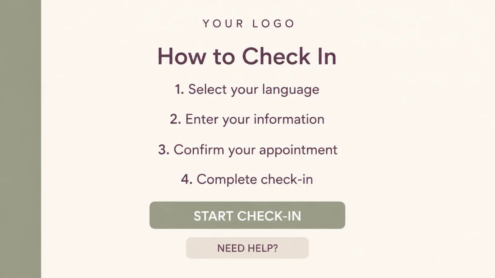 Healthcare kiosk screen with four step check-in instructions and start and help buttons