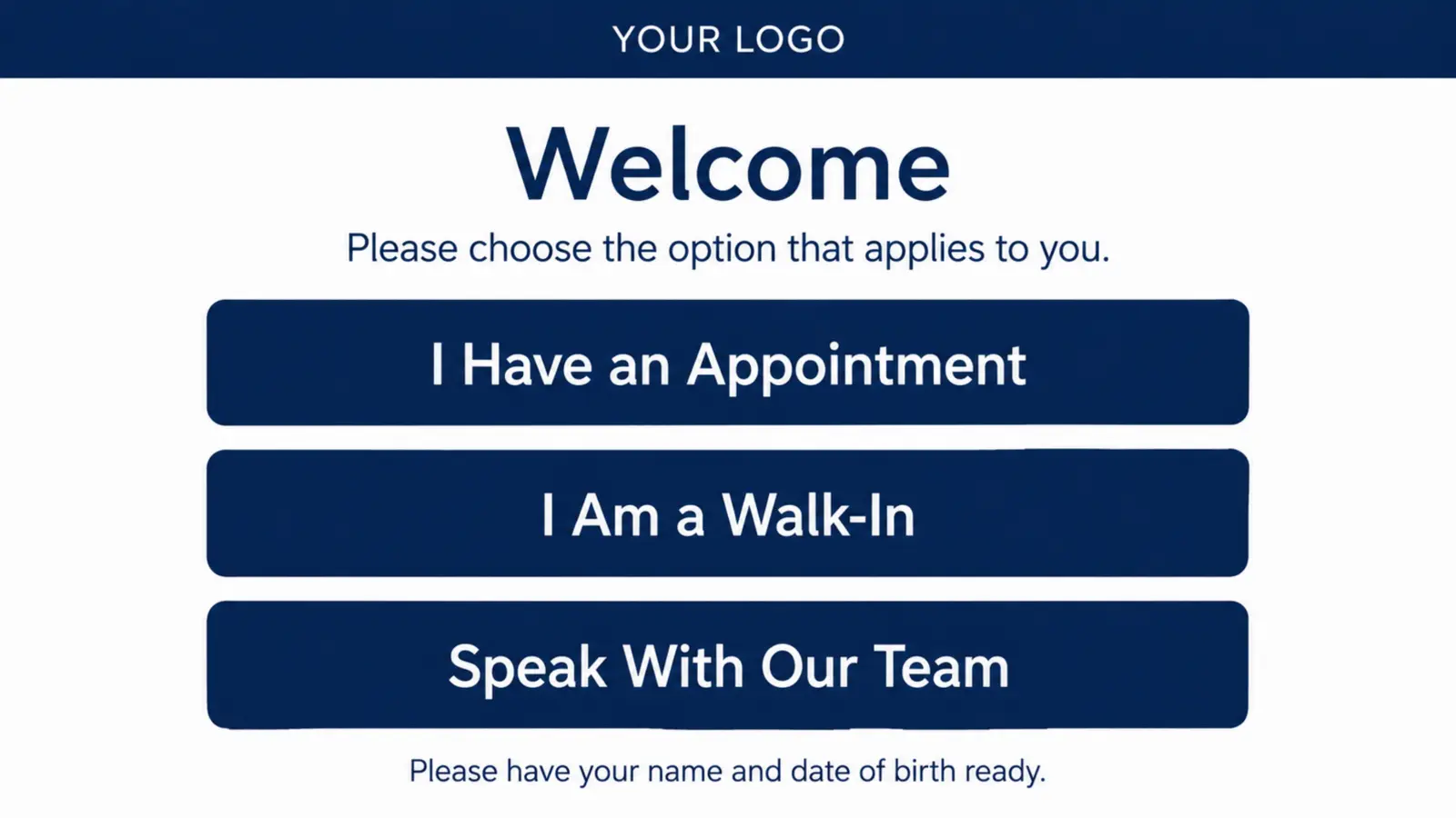 Express healthcare check-in screen for appointments, walk-ins, and team assistance