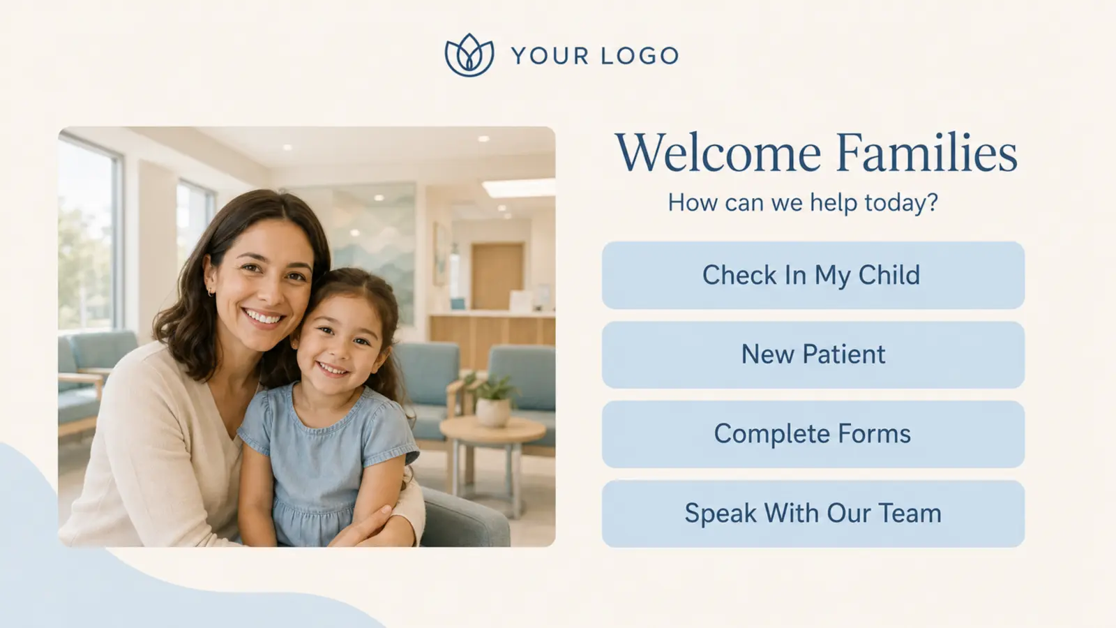 Pediatric healthcare kiosk screen with a family image and child check-in options