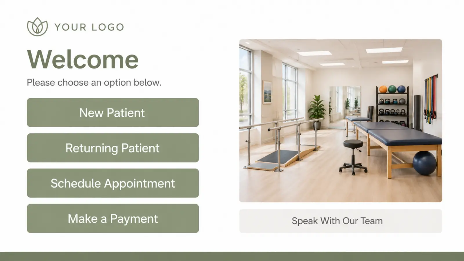 Therapy clinic kiosk screen with patient actions, clinic image, and team assistance button