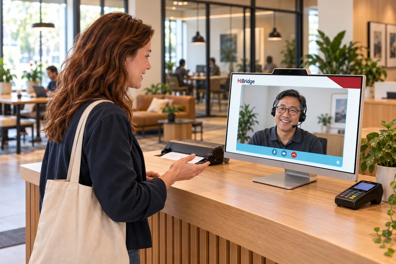 Coworking guest greeted by a live receptionist on a HiBridge kiosk beside a shared workspace entrance.