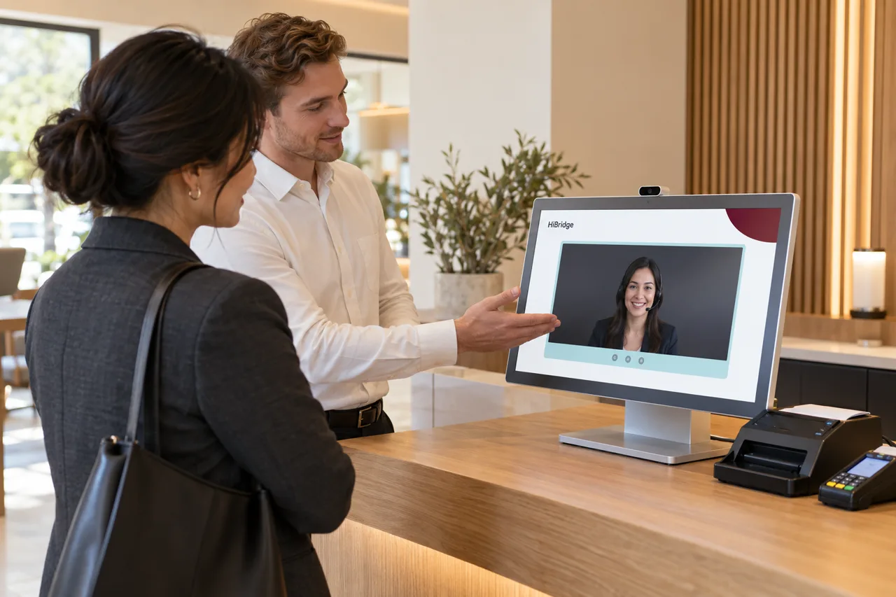 Illustration of a business owner exploring a HiBridge kiosk demonstration with a specialist.