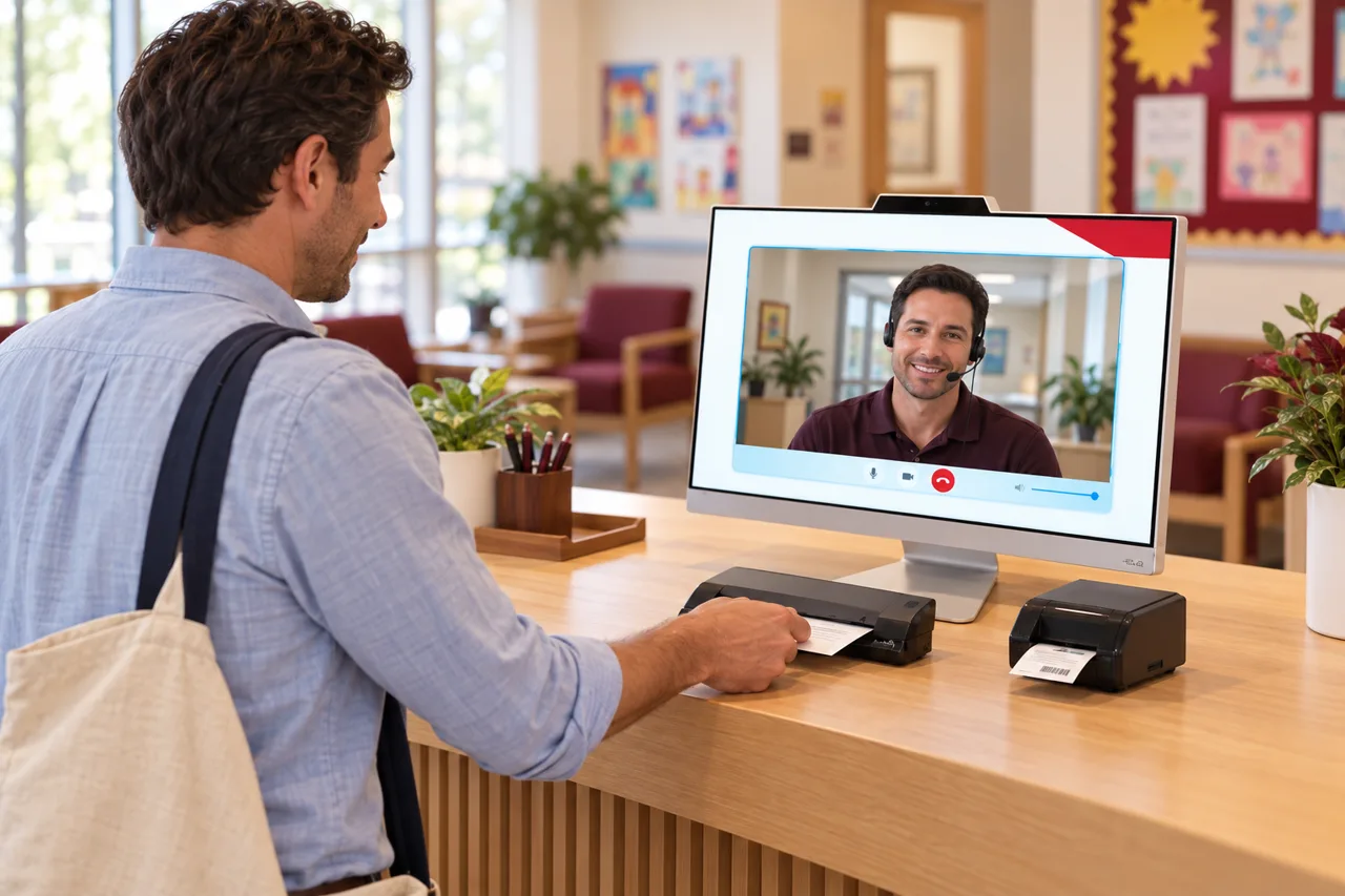 An adult parent checks in with a live video receptionist at a school administration counter.