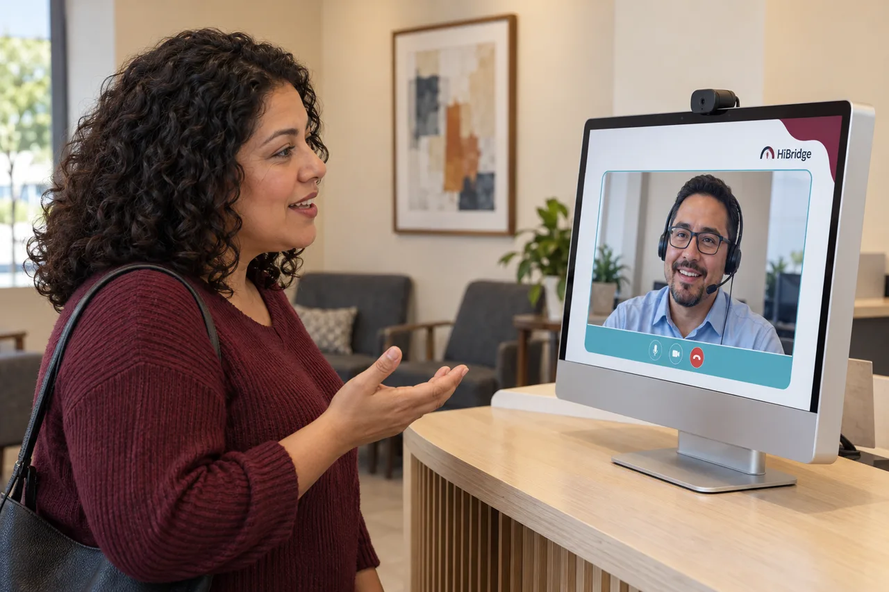 Illustration of a visitor asking a live receptionist a question through a HiBridge kiosk.