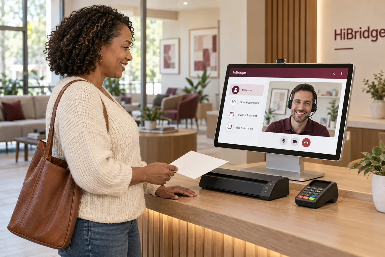 Illustrative scene of a visitor using a HiBridge kiosk with a live video receptionist, document scanner, and payment terminal.