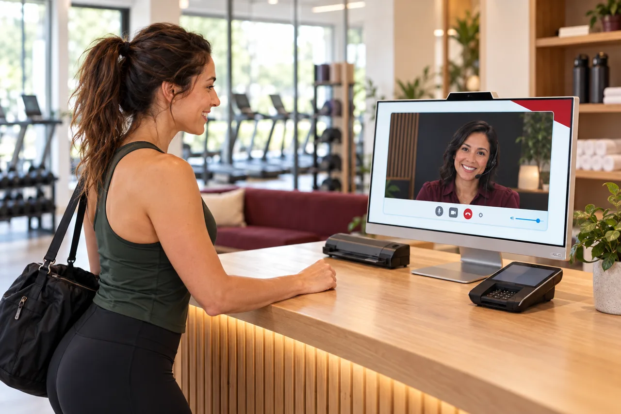 A fitness member speaks with a live receptionist on a kiosk screen at a wellness studio.