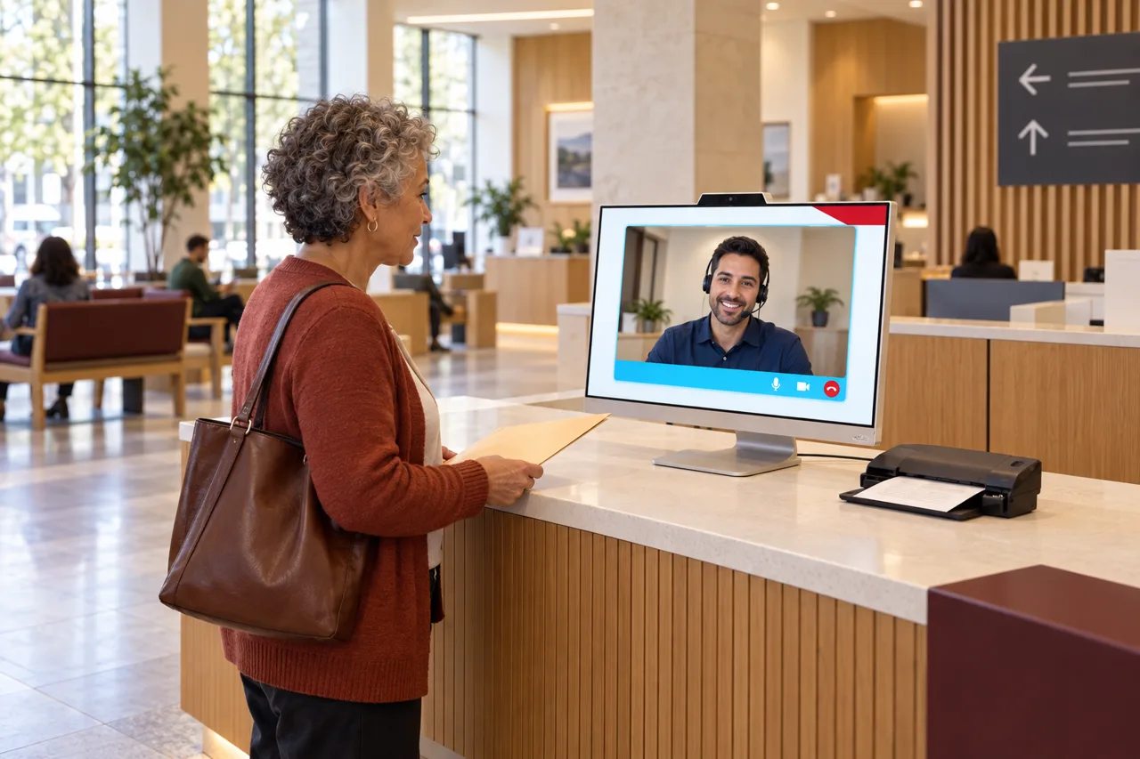 A citizen speaks with a remote receptionist at a municipal service counter.