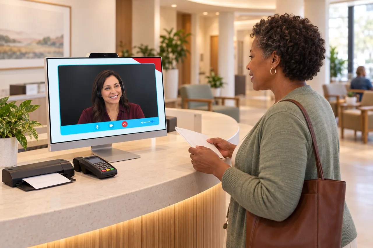 A healthcare visitor uses a HiBridge video reception kiosk beside a scanner and payment terminal.