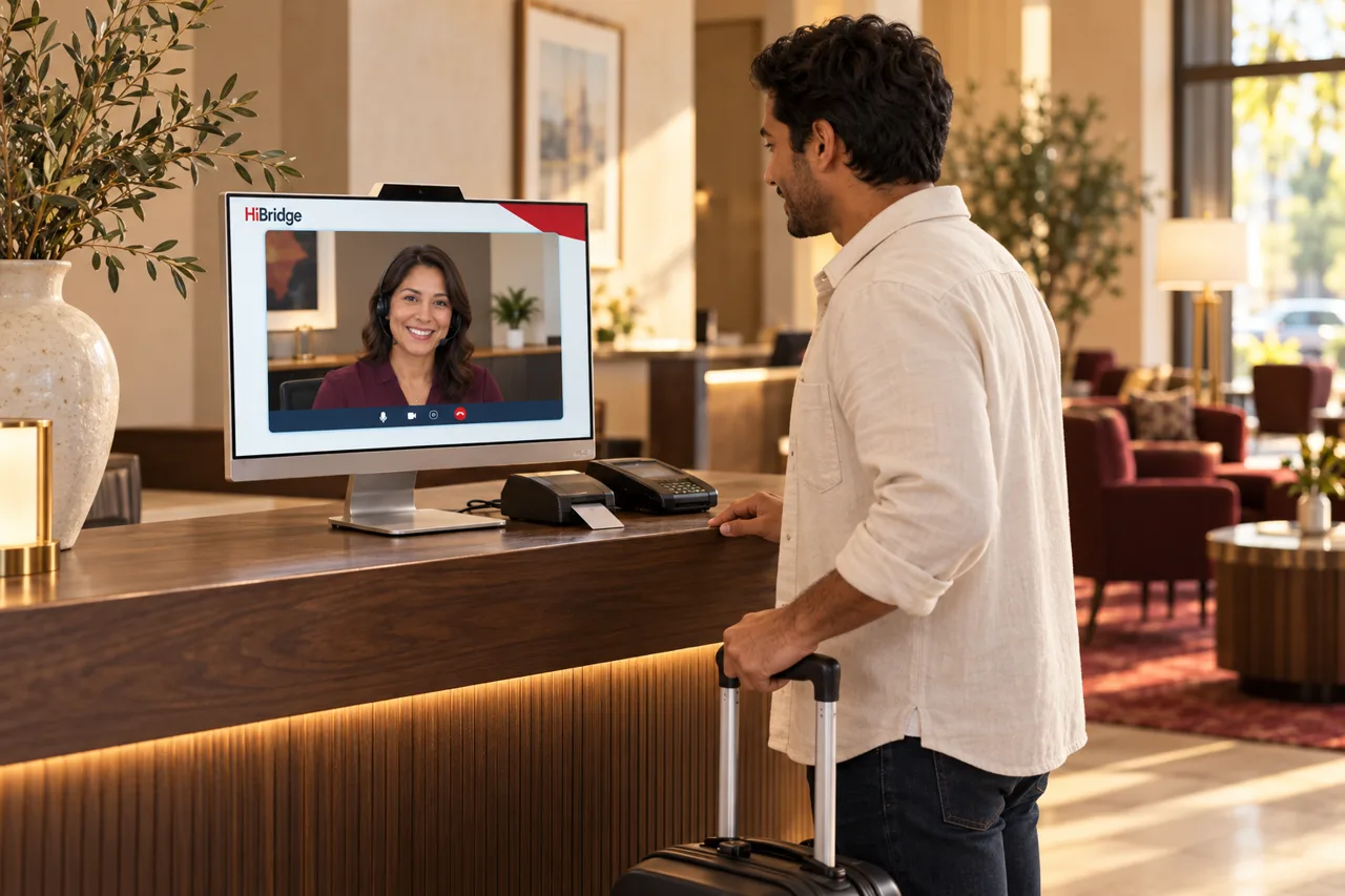 A hotel guest with a suitcase speaks with a live video receptionist at the reception counter.