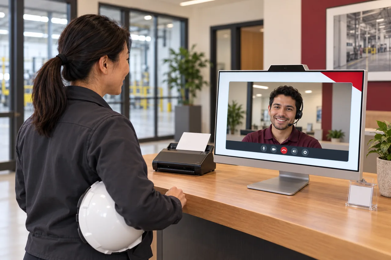 Factory visitor using a HiBridge live-video reception kiosk in a manufacturing facility's visitor lobby.