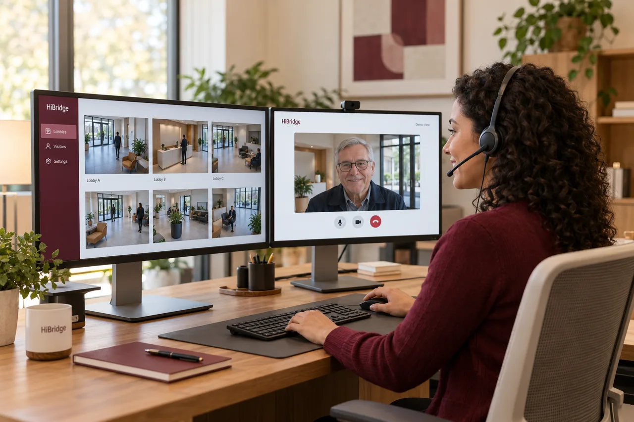 Illustrative scene of a receptionist using two monitors to view lobby feeds and a live visitor call.