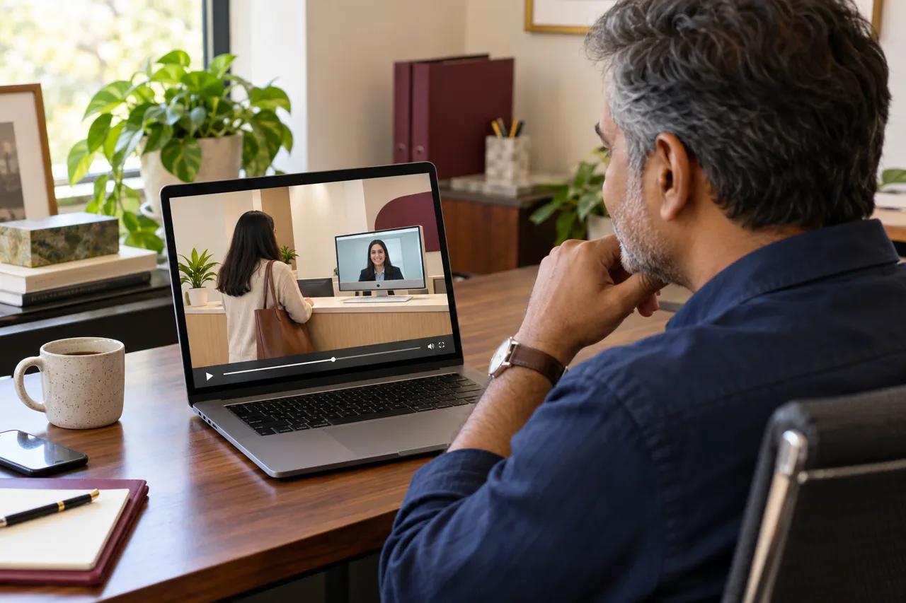 Illustration of a business owner watching a virtual front-desk workflow video on a laptop.