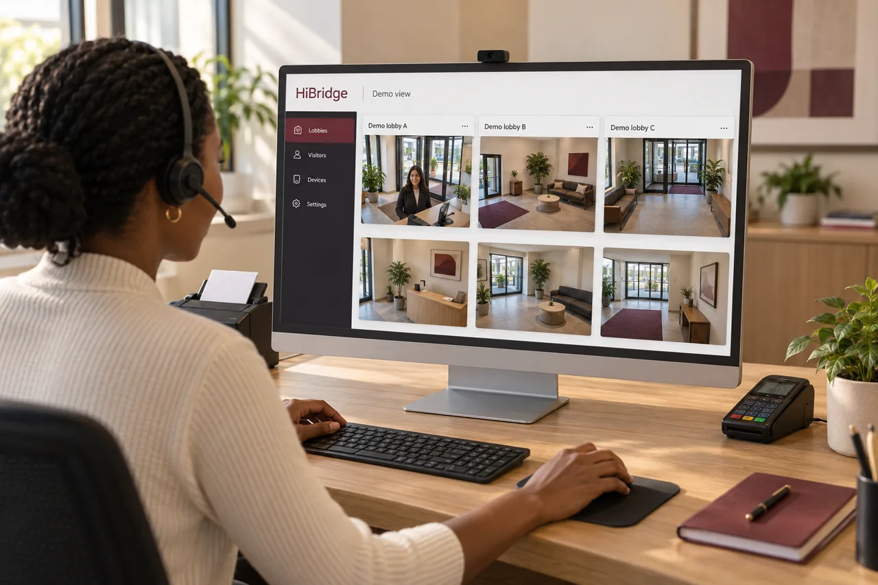 Illustrative over-the-shoulder view of a receptionist viewing multiple lobby feeds in a demo dashboard.