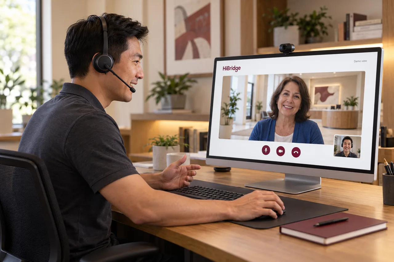 Illustrative scene of a headset receptionist speaking with a visitor through a desktop video call.