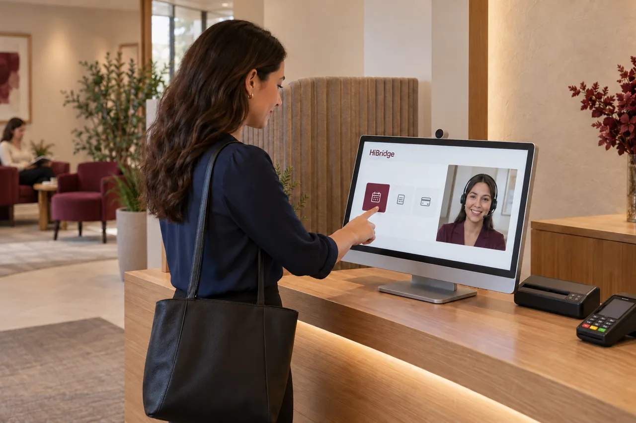Illustrative scene of a visitor speaking with a remote receptionist at an angled kiosk in a discreet reception alcove.