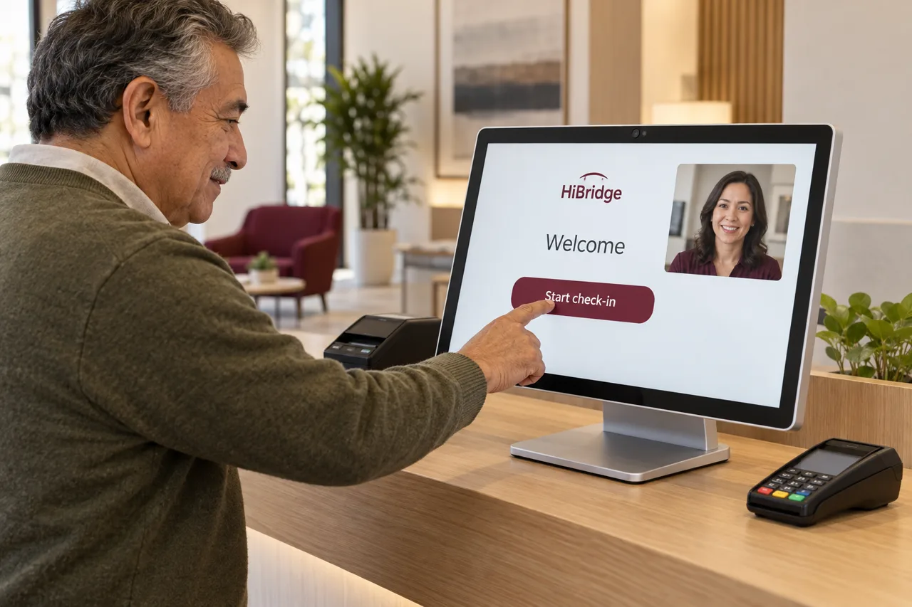 Illustrative scene of a visitor touching a HiBridge self check-in screen at a reception counter.