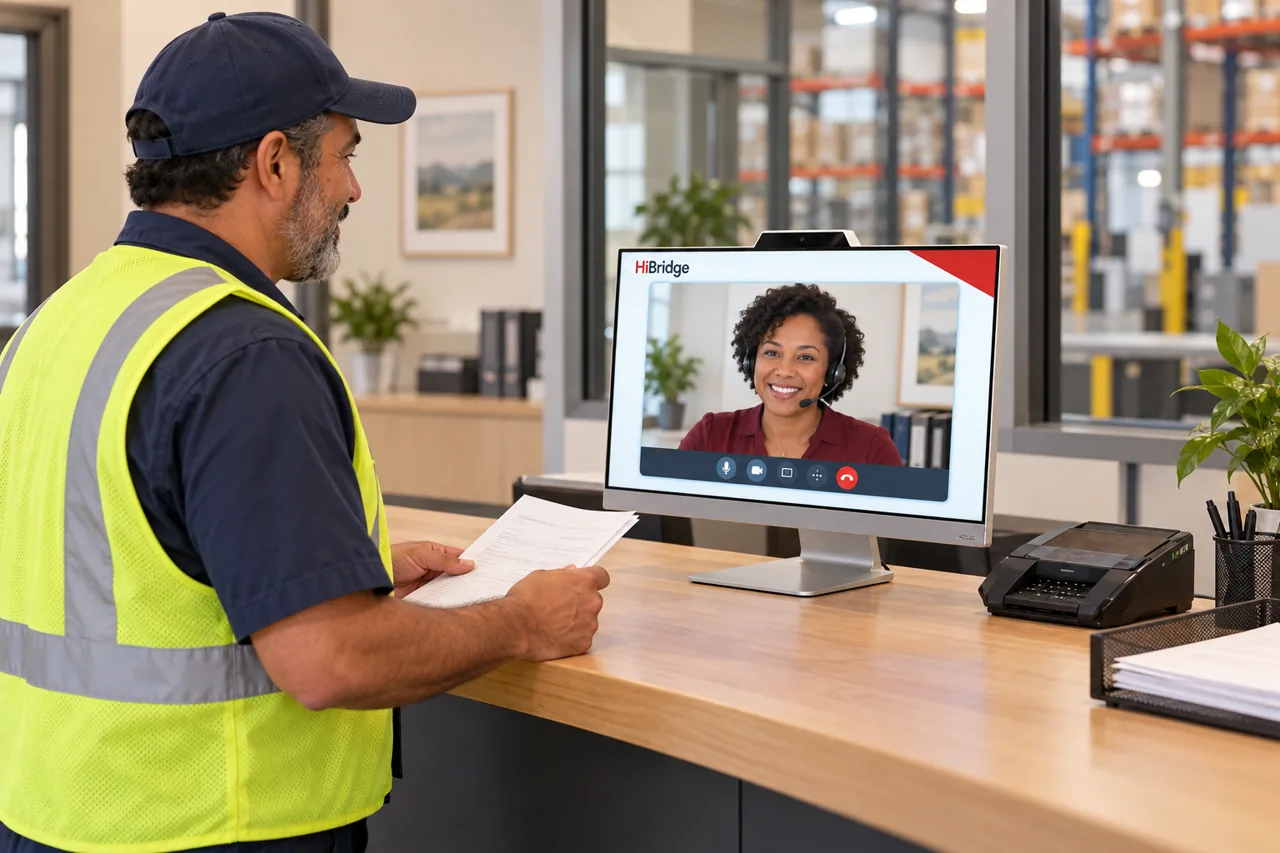 Delivery driver checking in with a live receptionist on a silver HiBridge kiosk at a warehouse visitor desk.