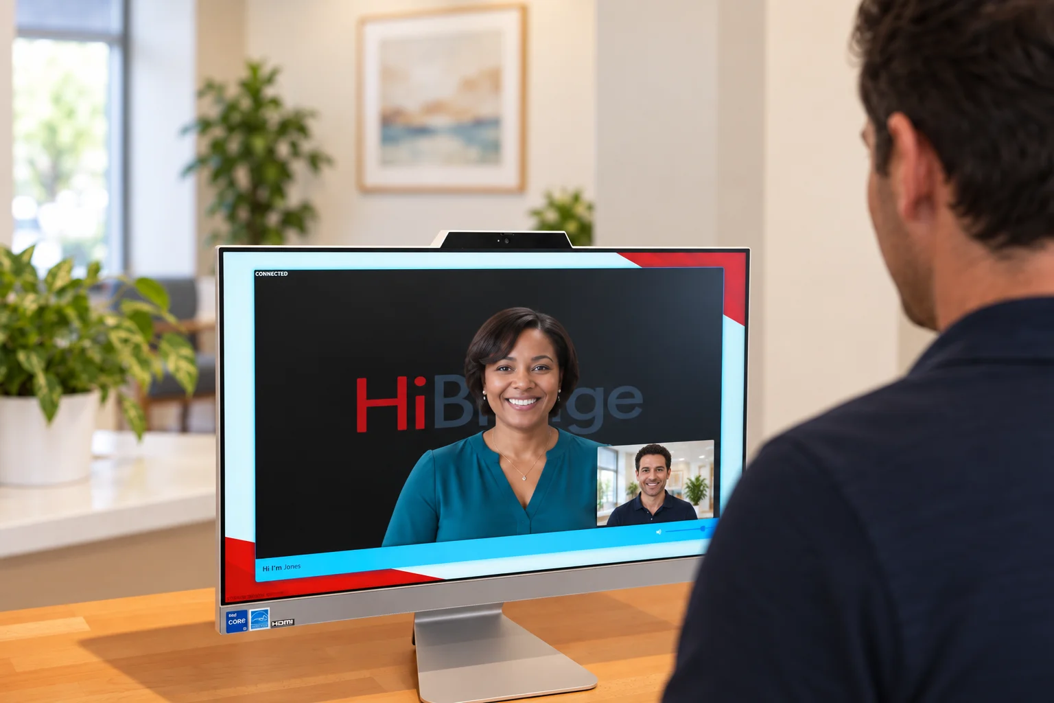 A live receptionist greets a visitor on screen